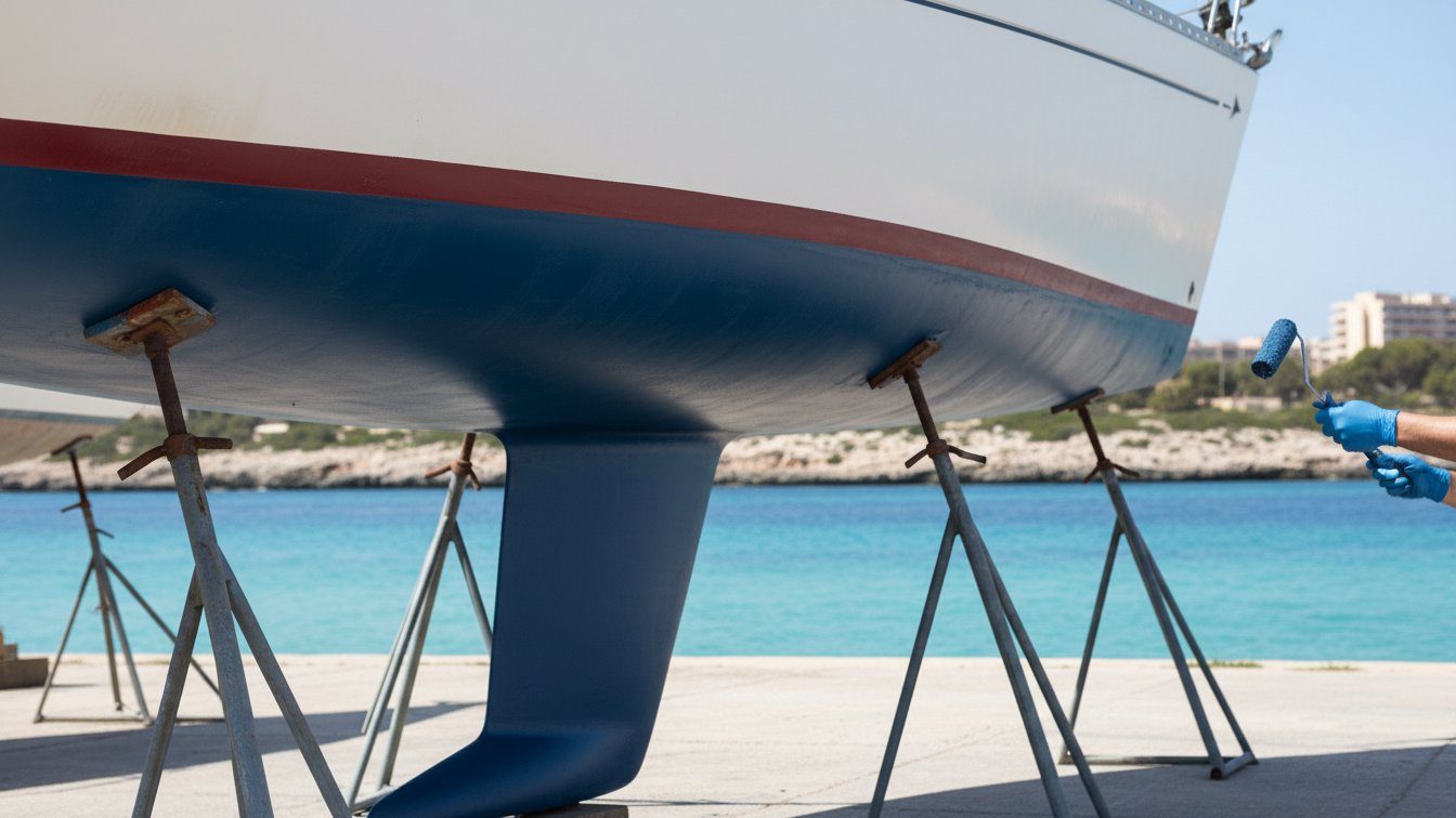 Casco de velero elevado en varadero con zonas de pintura antifouling y manos aplicándola