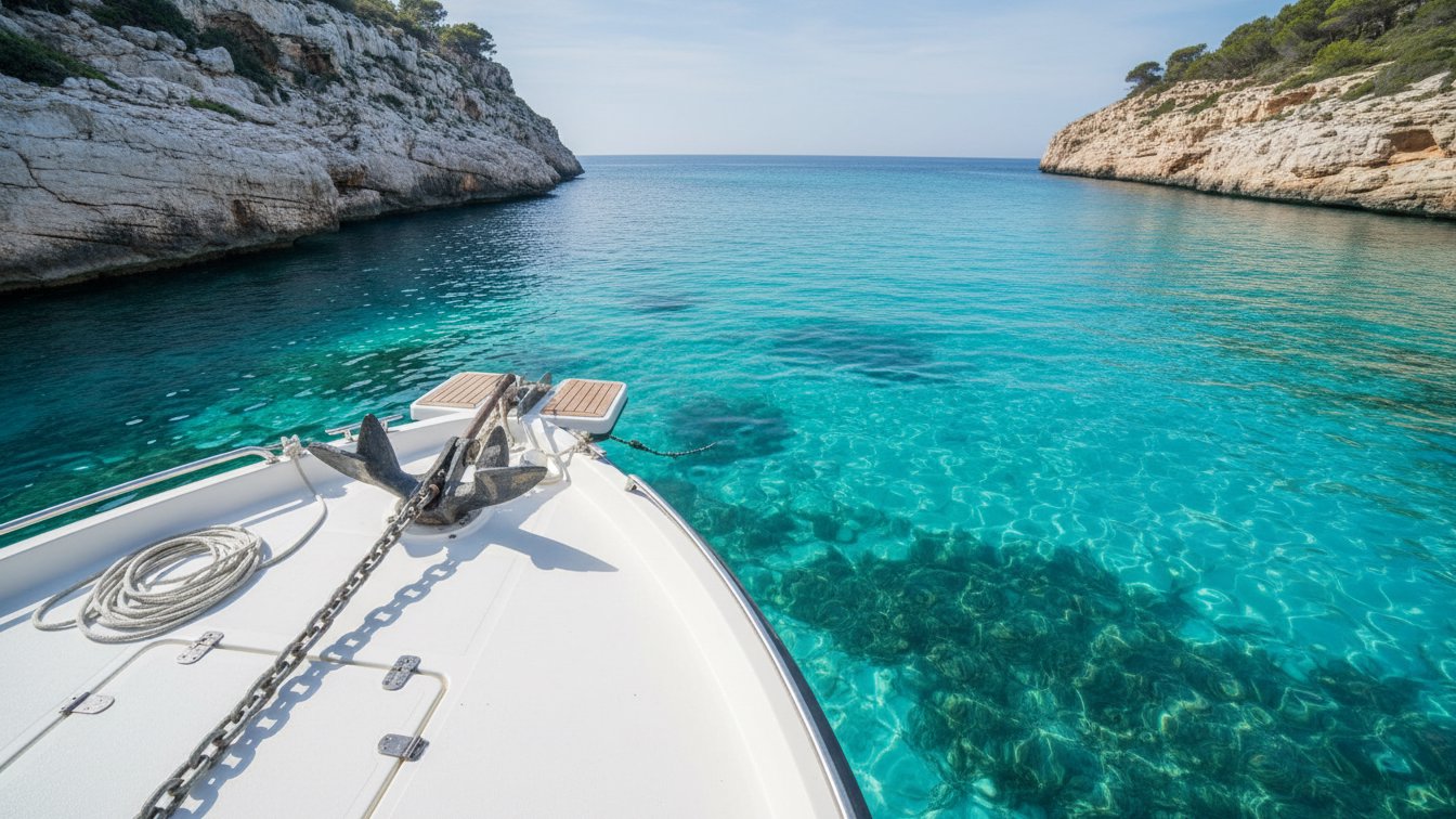Lancha fondeada en cala balear con ancla, cadena y praderas de posidonia