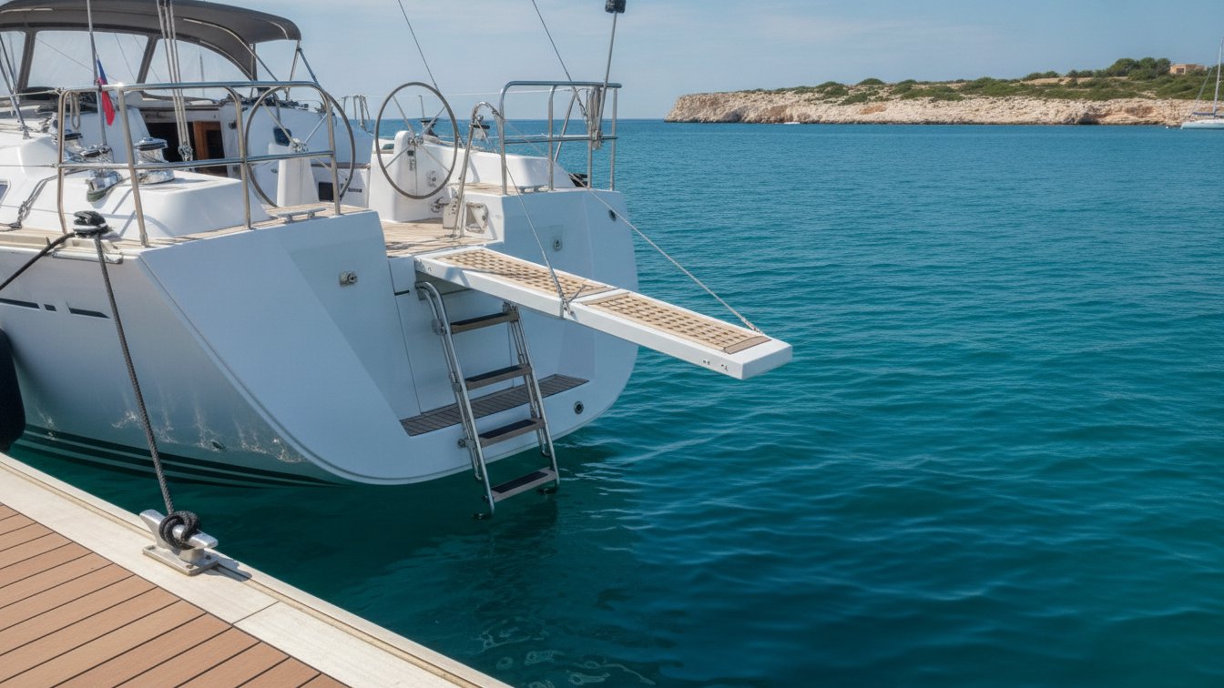 Escalera de baño y pasarela con superficie antideslizante en un velero amarrado en Palma