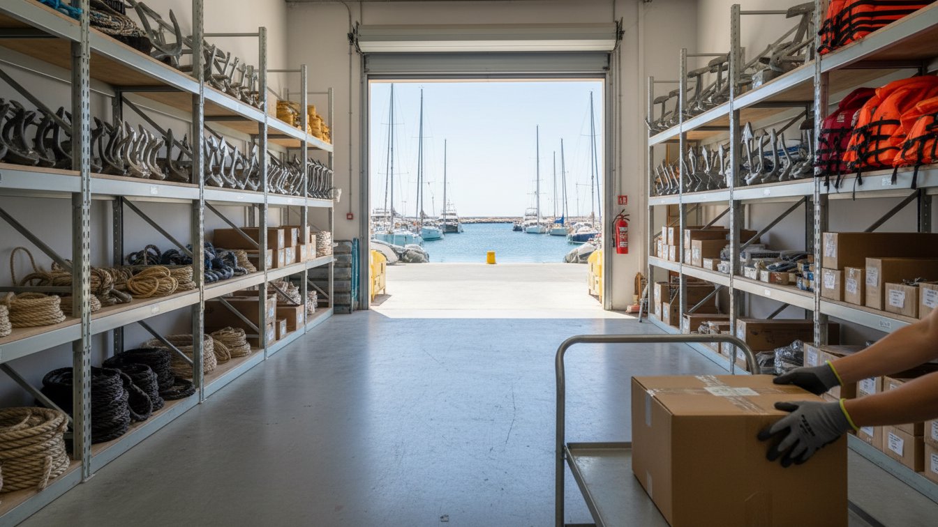 Almacén náutico en Palma con estanterías de cabos, defensas, anclas y repuestos listos para entrega