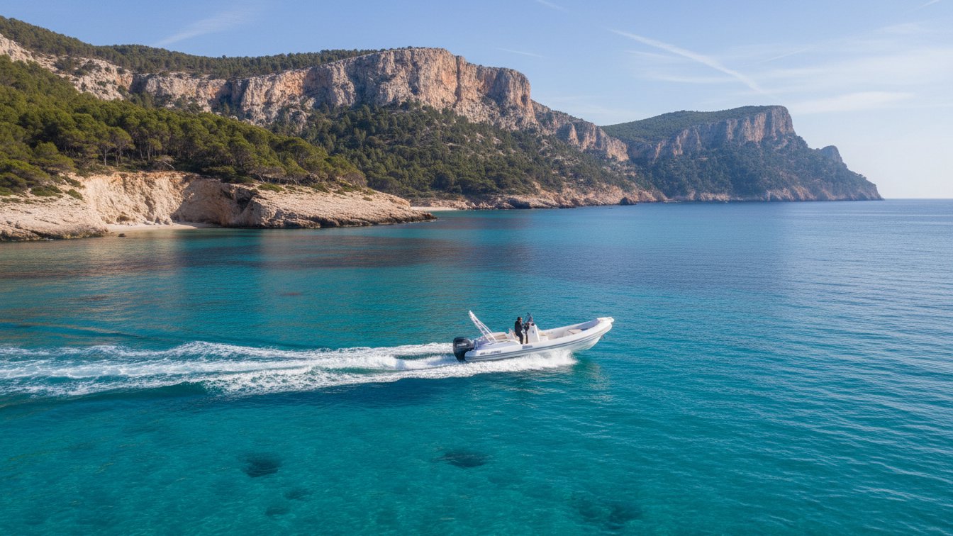 Neumática semirrígida navegando por aguas turquesas frente a los acantilados de Mallorca