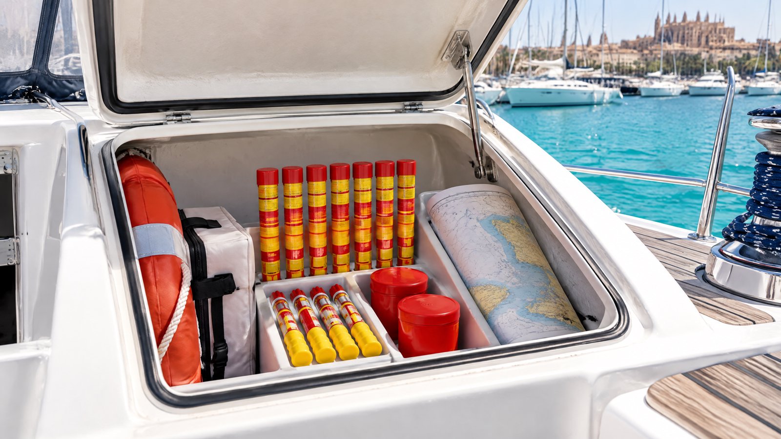 Pirotecnia de emergencia estibada en un compartimento de un velero amarrado en Palma