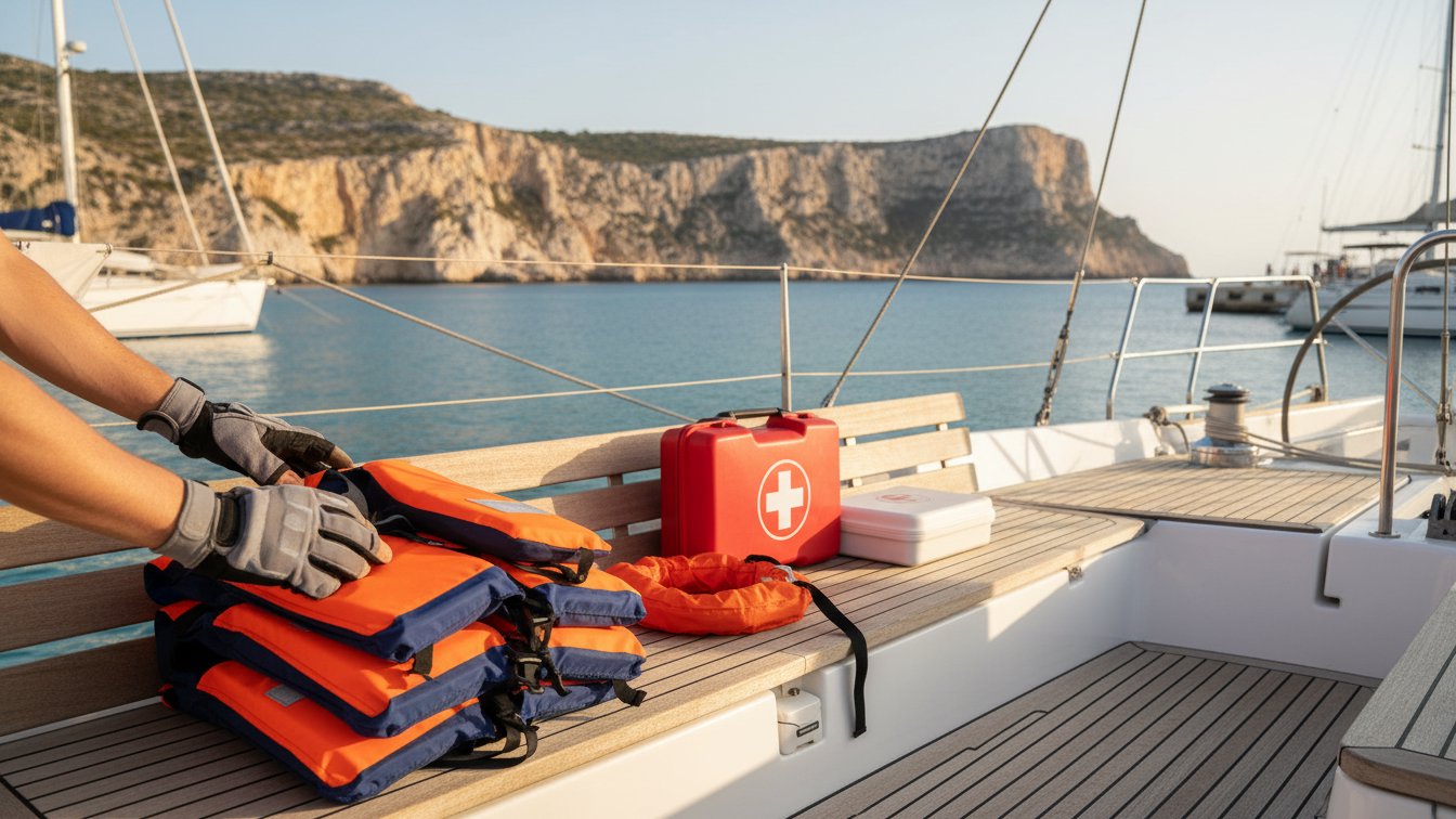 Chalecos salvavidas y equipo de seguridad revisados sobre la cubierta de un velero en Palma