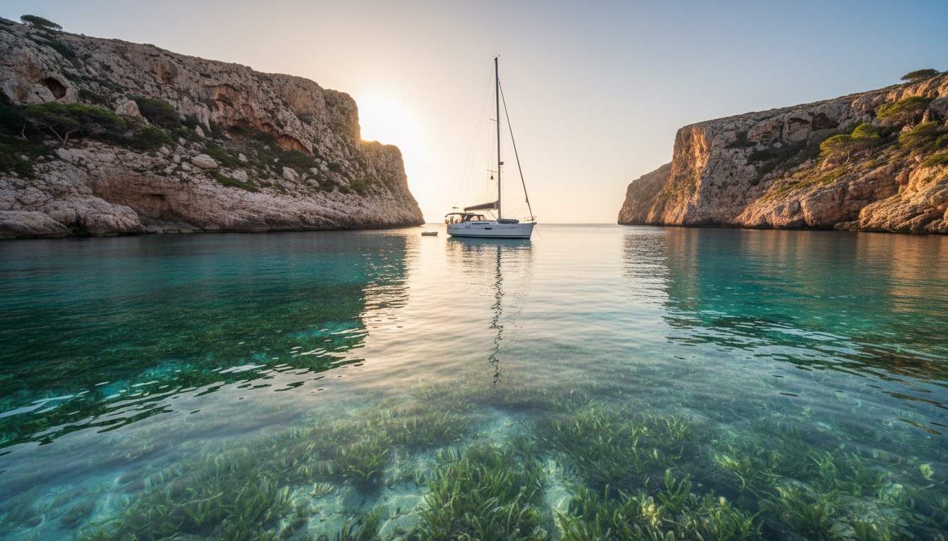 Velero fondeado en una cala de aguas turquesas de Mallorca, con la pradera de posidonia visible bajo el agua