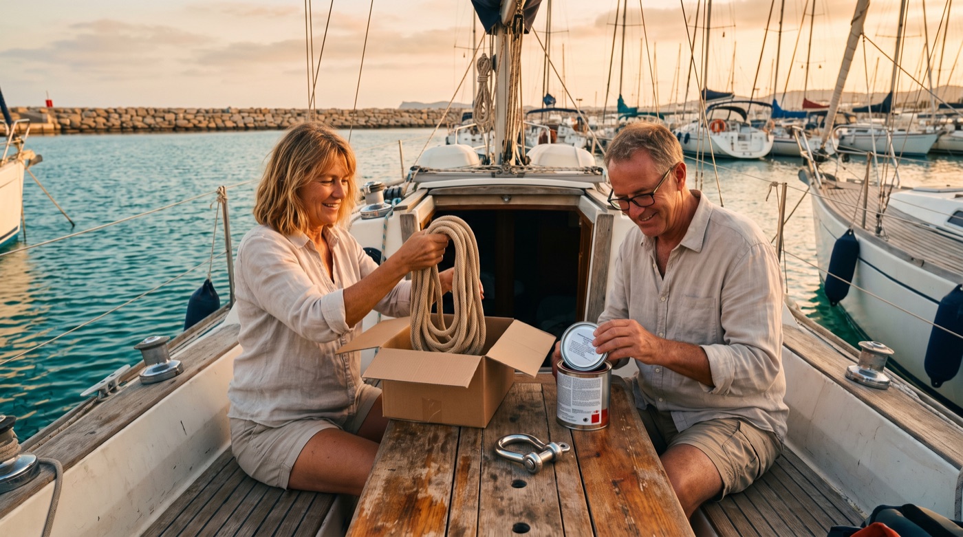 Una pareja desembalando cabos, grilletes y antifouling en la cubierta de su velero amarrado en un puerto de Mallorca